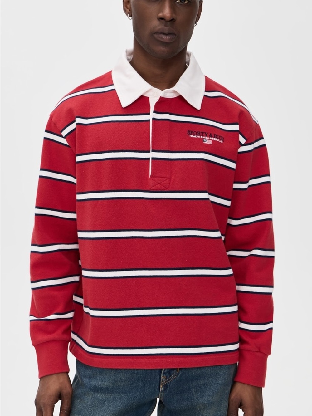 Sporty&Rich S&R Nautical Rugby Polo Men - Ruby/Navy/White NWT Retail $230